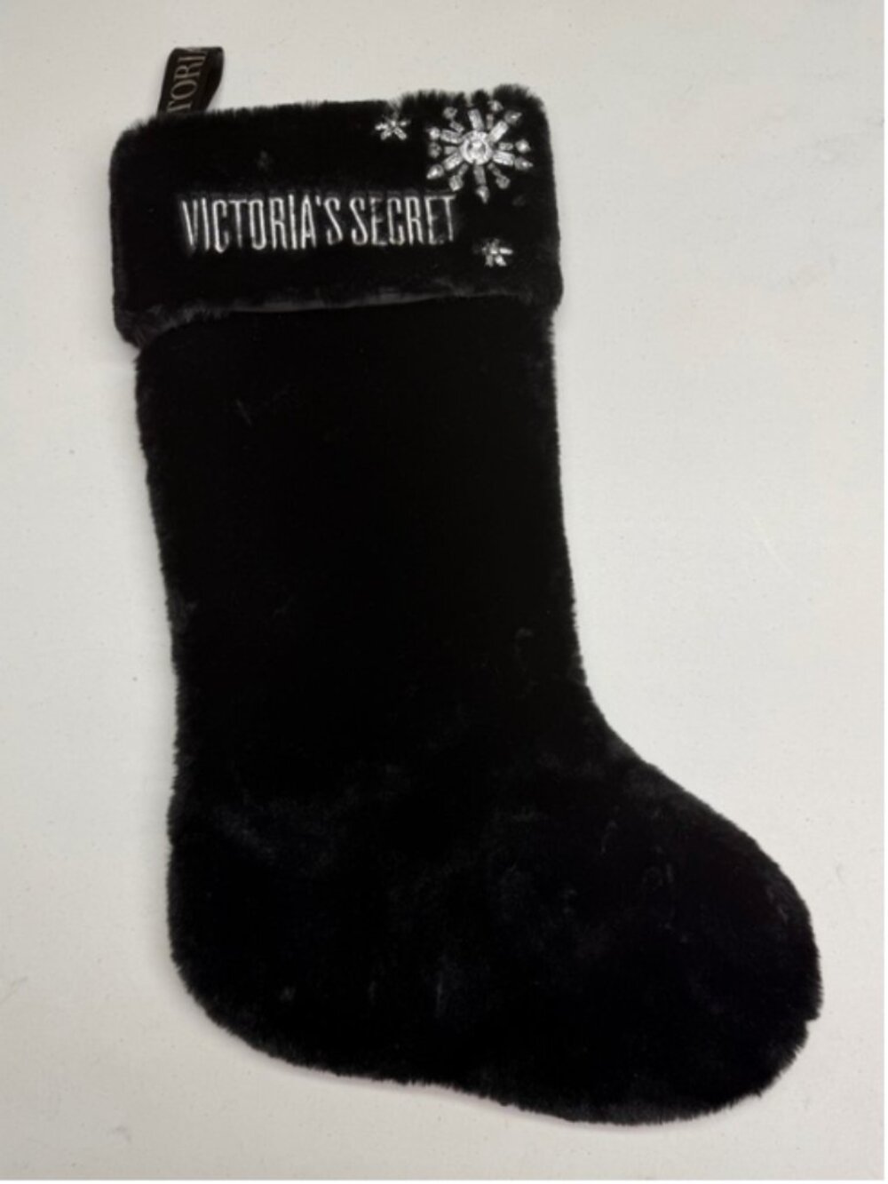 Victoria's Secret Black Faux Fur Christmas Stocking Rhinestone Snowflake Embroid